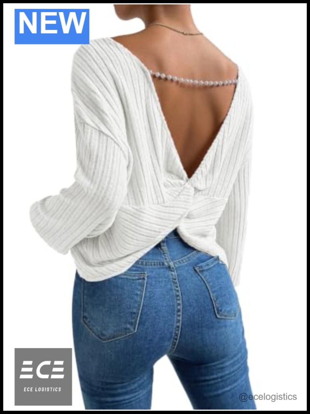 Women's Backless Criss Cross Ribbed Knit Pullover Sweater Long Sleeve V-Neck